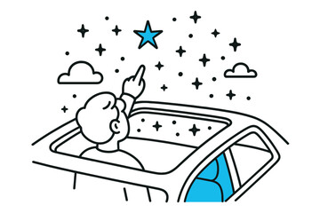 Child points at starry sky from car roof during nighttime adventure