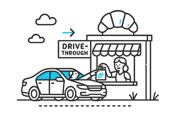 Car at drive-through bakery receiving food on a sunny day