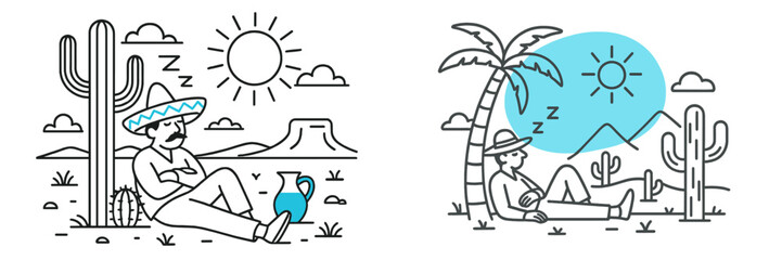 Relaxing in the desert under the sun with cacti and palm trees nearby