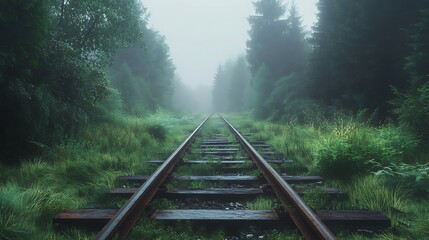 Journey into the Enigmatic: A moody photograph of railway tracks disappears into a foggy forest landscape, creating a sense of mystery and the unknown.