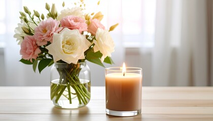 Obraz premium bouquet of roses and candle on the table