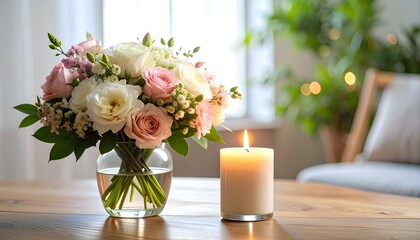 bouquet of roses and candle on the table