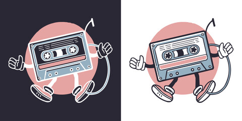 Retro cartoon cassette tape character illustration with playful limbs and vintage style, perfect for nostalgic music designs, t-shirts, stickers, pop culture artwork, and creative branding visuals
