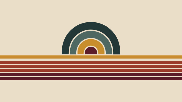 Minimalist retro sunset illustration with bold horizontal lines and half rainbow design in earthy vintage colors on beige background, perfect for wall art, posters, prints, and graphic decor projects