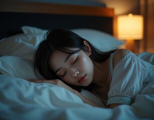 ベッドでうつ伏せになって深い眠りにつく若い女性