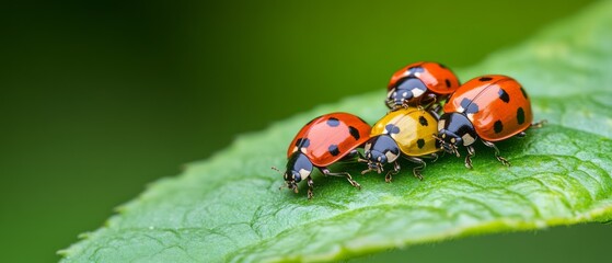 Fototapeta premium Colorful Ladybugs on Green Leaf in Nature Close-Up with Soft Background and Details
