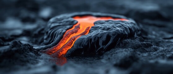 Glowing Lava Flow Over Black Volcanic Rock in Dark Surroundings with Textured Surface