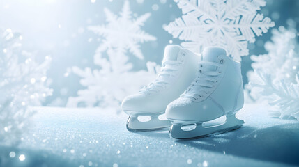 White ice skates on frosty surface with snowflake background