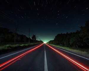 Long Exposure of Car Light Trails on a Straight Road at Night with Starry Sky and Trees in the Background