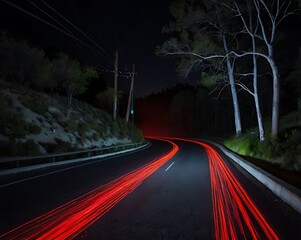 Long Exposure of Car Light Streaks on a Curving Road at Night with Trees and a Green Traffic Light
