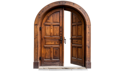 An old, rustic wooden arched door partially open, showcasing weathered wood texture and craftsmanship
