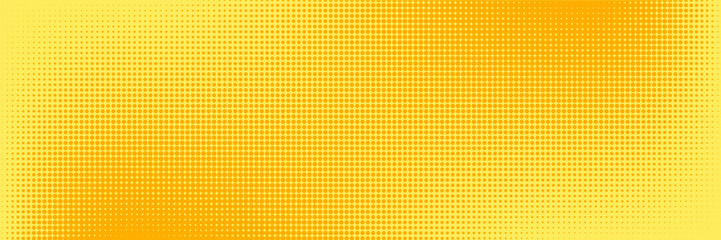 Yellow halftone pattern. Retro comic gradient background. Bright orange pixelated dotted texture overlay. Cartoon pop art faded gradient pattern. Vector backdrop for poster, banner, advertisement