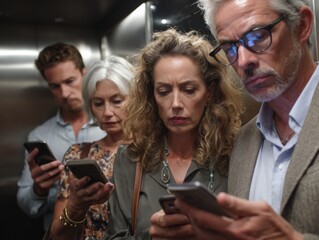 The modern rush: People with their mobile phones crowded closely together in an elevator, engrossed in their devices, reflecting on the fast pace of city life. 
