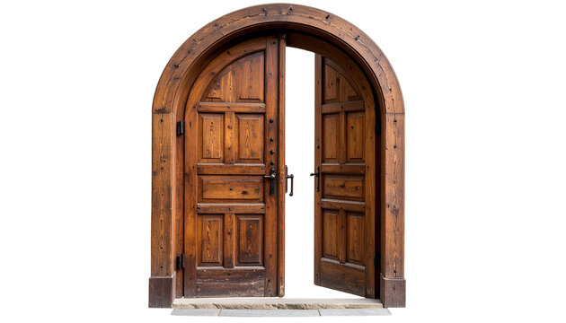 An old, rustic wooden arched door partially open, showcasing weathered wood texture and craftsmanship - Powered by Adobe