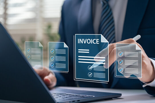 Digital invoice and billing management. Businessman using electronic invoice on computer, finance workflow, tracking payments and taxes, managing corporate accounting for business growth and success