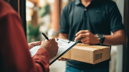 Delivery Person Handing Over Package with Receipt for Signing