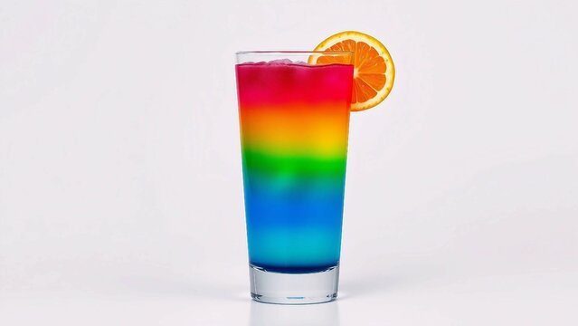 Farbenfroher Regenbogen-Cocktail mit Eisschichten und Orangenscheibe im Glas. Frischer Drink f&uuml;r Sommer, Party, Bar oder Food-Fotografie.