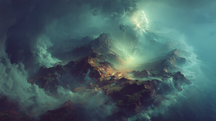 Obraz premium Dramatic fantasy landscape with a thunderstorm over rugged mountain peaks.