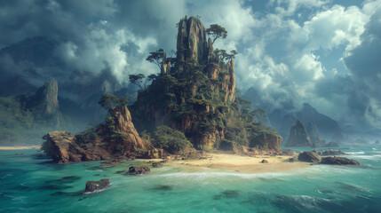 Epic tropical paradise island with turquoise water and moody sky.