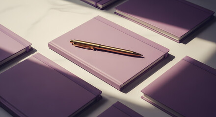 Elegant Lavender Notebooks with Golden Pen, Minimalist Composition