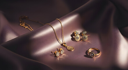 Elegant Gold Jewelry Set on Luxurious Purple Silk Fabric, Studio Shot
