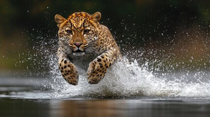Fototapeta premium A magnificent leopard leaps across a water surface.
