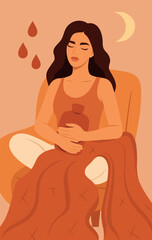 Vector flat illustration of woman with heating pad on her stomach and blanket relaxing in chair. Symbol of cycle, menstrual pain, hormones, comfort and self-care. Use for women's projects and health © AyaLinesDesign