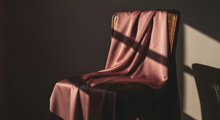 Elegant Silk Drape on Ornate Chair, Dramatic Lighting, Luxurious Texture.