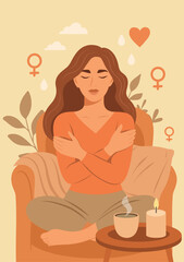 Vector illustration of woman in self-hugging pose, symbol of mental health, hormone, self-acceptance and emotional healing. Interior, candle, tea. For women's health and psychology projects