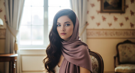 Elegant Woman in Silk Scarf, Soft Lighting, Intimate Portrait.