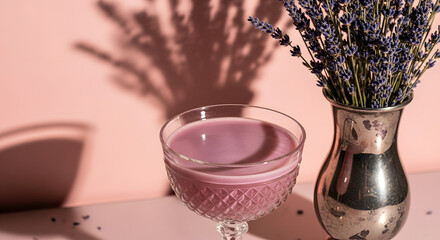 Lavender Cocktail with Shadow and Flowers, Elegant Drink, Pink Tones, Artistic Composition.