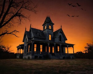 Dramatic Haunted House at Dusk with Bats Silhouette and Bare Tree Branches in a Dark Landscape