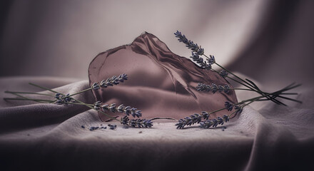 Lavender Sprigs and Abstract Glass on Textured Fabric, Serene Still Life