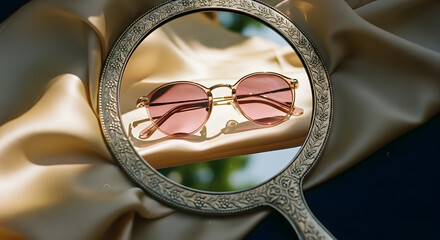 Ornate Mirror Reflecting Rose-Tinted Sunglasses on Silk