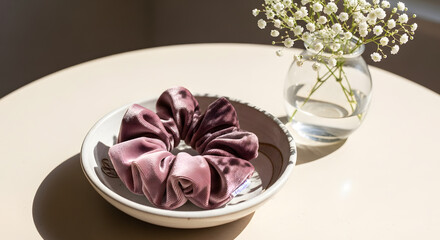 Luxurious Velvet Scrunchie in Ceramic Bowl with Delicate Baby's Breath