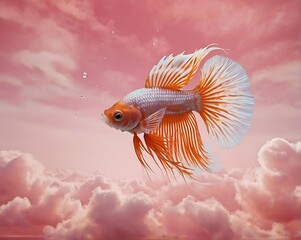 Elegant Betta Fish Floating in a Dreamy Pink Cloudscape with Gentle Bubbles and Soft Lighting