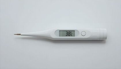 Digital thermometer with LCD display showing 38°C, isolated on white background. Modern medical device for measuring body temperature, ideal for healthcare and fever diagnosis.