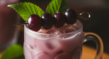 Refreshing Grape Cocktail: Iced Drink with Skewered Grapes and Mint Garnish