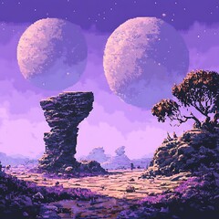 Mystical Pixel Landscape: A surreal pixel art landscape presents two radiant moons set against a twilight sky, with a prominent rock formation. Capturing the essence of other worlds.