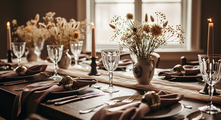 Rustic Elegance: A Beautifully Set Table with Dried Flowers and Candles