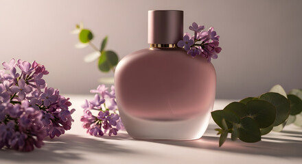 Serene Lilac Perfume: Soft Light, Elegant Bottle, Floral Still Life