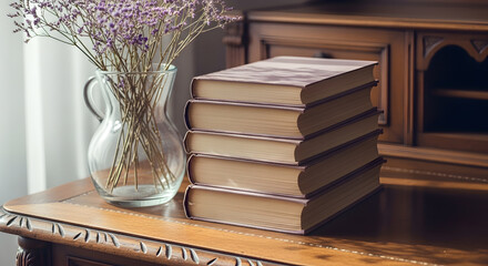 Stack of Books with Vase of Purple Flowers on Wooden Table