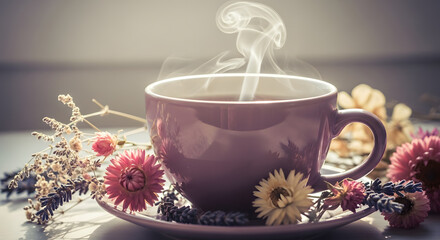 Steaming Cup of Tea with Flowers: Aromatic Still Life in Soft Light