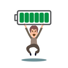 man carrying full rechargeable battery. Full battery recharge concept, positive energy, having motivation to work.