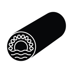 Stylized black and white icon of a sushi roll with a sun and waves inside