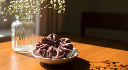 Velvet Scrunchie on Dish with Baby's Breath in Vase, Warm Sunlight