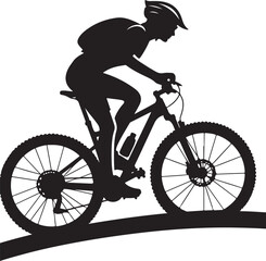 Obraz premium Silhouette of a cyclist riding uphill against a scenic background resembling a sunrise or sunset. Perfect to symbolize adventure, fitness, and the love of outdoor sports