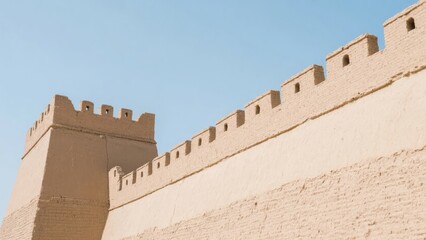 Ancient Fortified Wall with Crenellated Parapets Under a Clear Sky