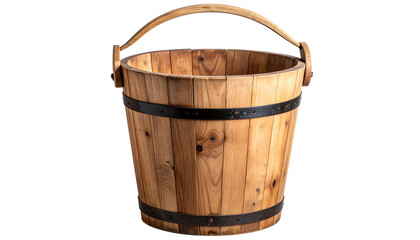 An aged wooden bucket with a sturdy wooden handle, showcasing traditional craftsmanship and rustic charm.