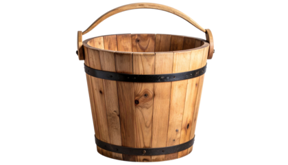 An aged wooden bucket with a sturdy wooden handle, showcasing traditional craftsmanship and rustic charm.